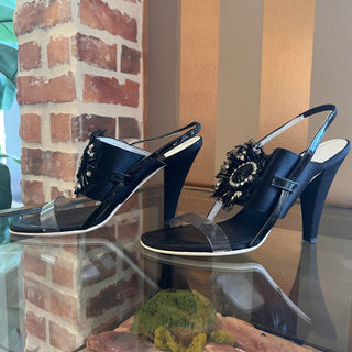 CHANEL Black Satin Leather Sling Back Heels SZ 38.5 (US 8.5)
