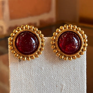 CHANEL Round Gold Tone Red Clip On Earrings