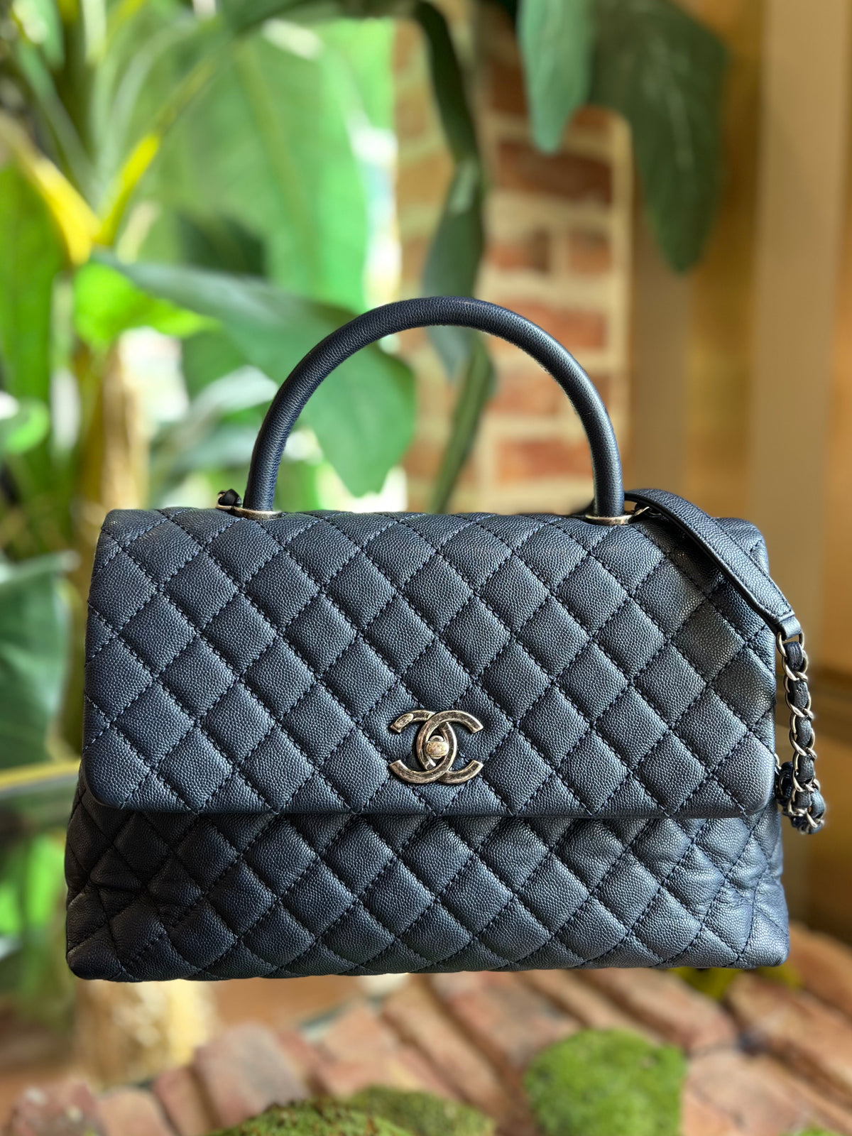 CHANEL Navy Blue Caviar Quilted Leather Large Coco Top Handle Flap Bag