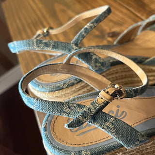 GUCCI Light Blue GG Denim Open Toe Espadrille Wedges SZ40.5(10.5US)