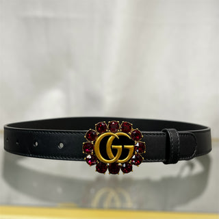 GUCCI Black Leather Crystal Double G Marmont Belt SZ80/32(4US)