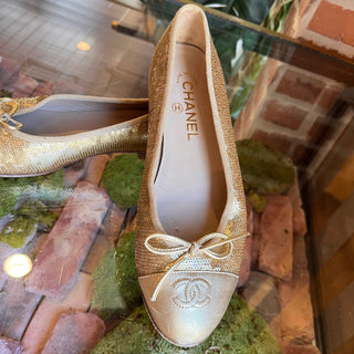 CHANEL Cap Toe Gold Lambskin Leather Sequin Flats SZ 39 (US 9)