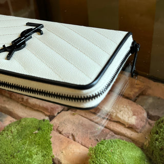 SAINT LAURENT Black White Grain De Poudre Chevron Quilt Wallet