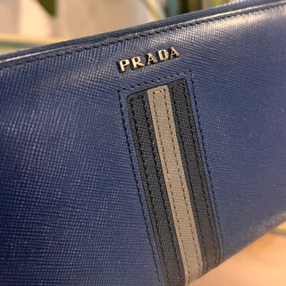 PRADA Blue Saffiano Long Zip Wallet