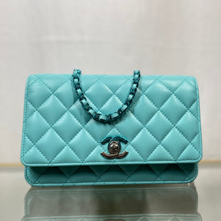 CHANEL Wallet on Chain WOC Turquoise Lambskin Leather Crossbody Ombre Hardware