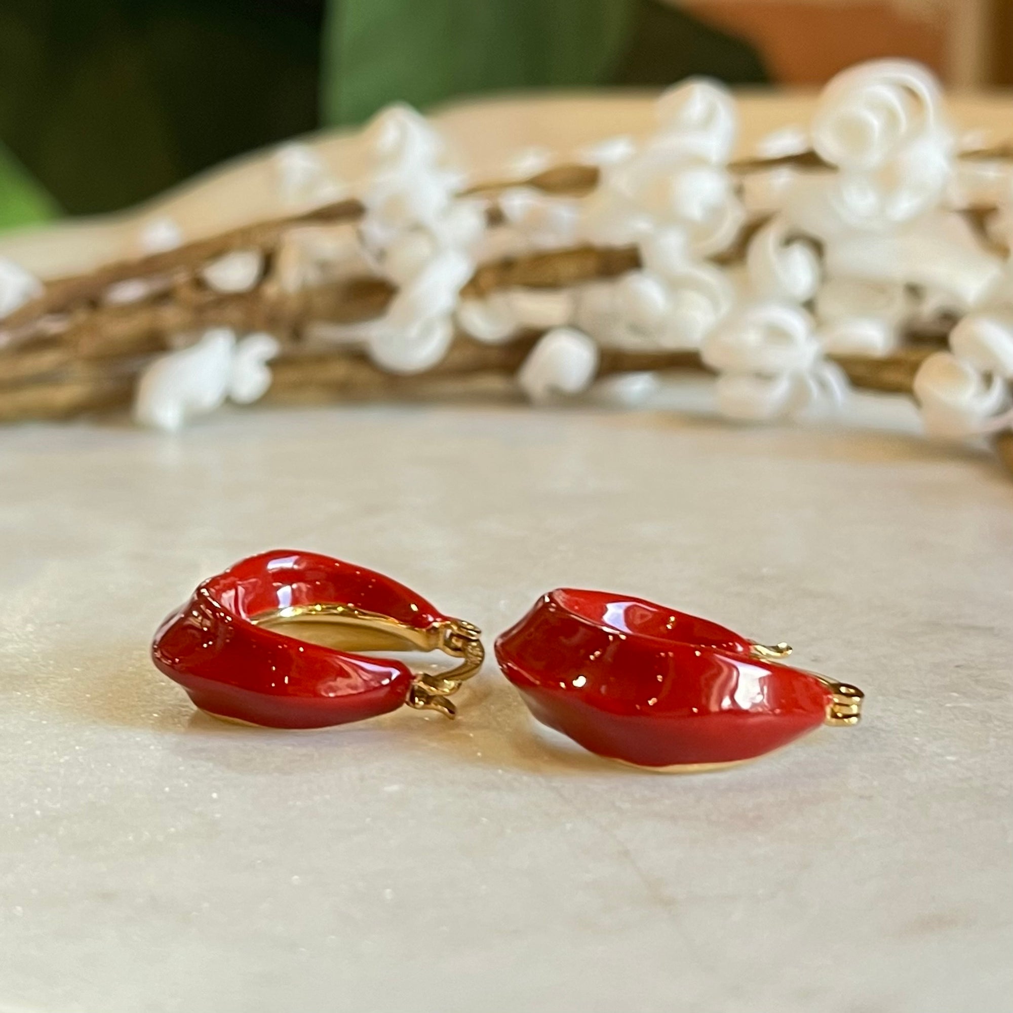 CELINE Red Enamel and Gold-Tone Twisted Hoop Earrings