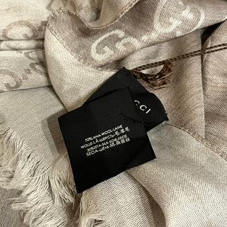 GUCCI Light Gray GG Monogram Wool & Silk Blend Fringe Shawl Scarf