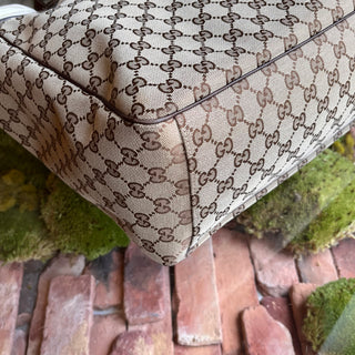 GUCCI Positano Small Beige Brown GG Canvas Leather Tote Bag