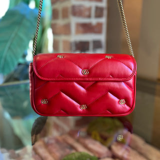 GUCCI GG Marmont Mini Red Matelassé Double G Studs Torchon Shoulder Bag
