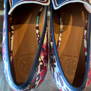 TORY BURCH Jessa Navy Tea Rose Floral Leather Loafers