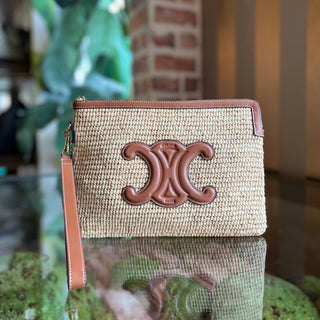 CELINE Small Triomphe Woven Raffia Zip Pouch