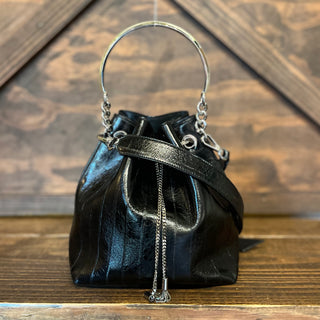 JIMMY CHOO Bon Bon Black Striped Leather Bucket Bag
