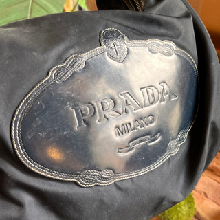 PRADA Navy Blue Nylon Embossed Leather Logo Hobo Bag