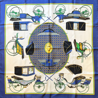 HERMES Les Voitures A Transformation 90 Blue White Silk Scarf