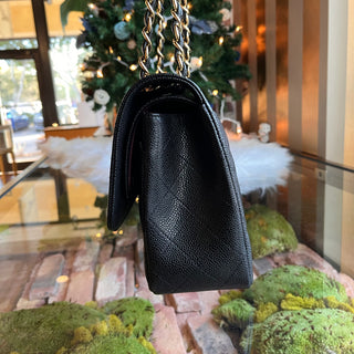 CHANEL Double Flap Jumbo Black Caviar Leather Shoulder Bag