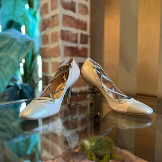 CHANEL Pink Leather Ballet Metallic Wrap Around Heels SZ 37 (US 7)
