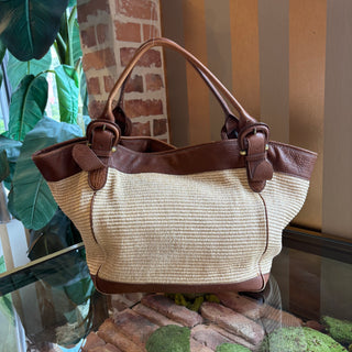 BURBERRY Leather-Trimmed Straw Tote