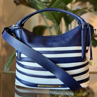 BRAHMIN Shoulder Bag Navy Blue Striped Leather Shoulder Bag
