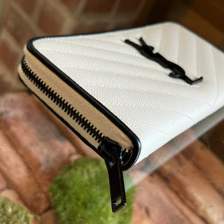SAINT LAURENT Black White Grain De Poudre Chevron Quilt Wallet
