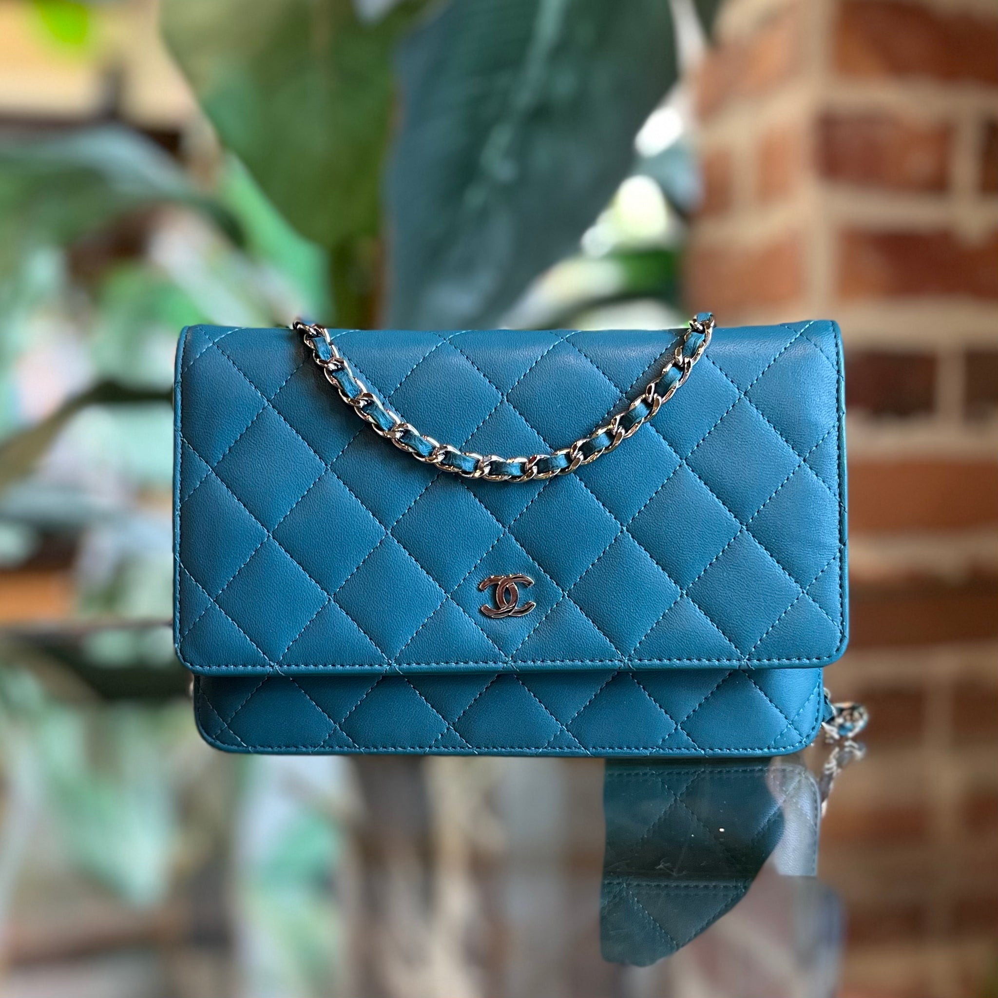 Chanel Teal Quilted Calfskin Leather Wallet on Chain
