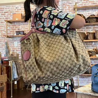 GUCCI Large Sukey Beige Pink GG Canvas Tote Bag