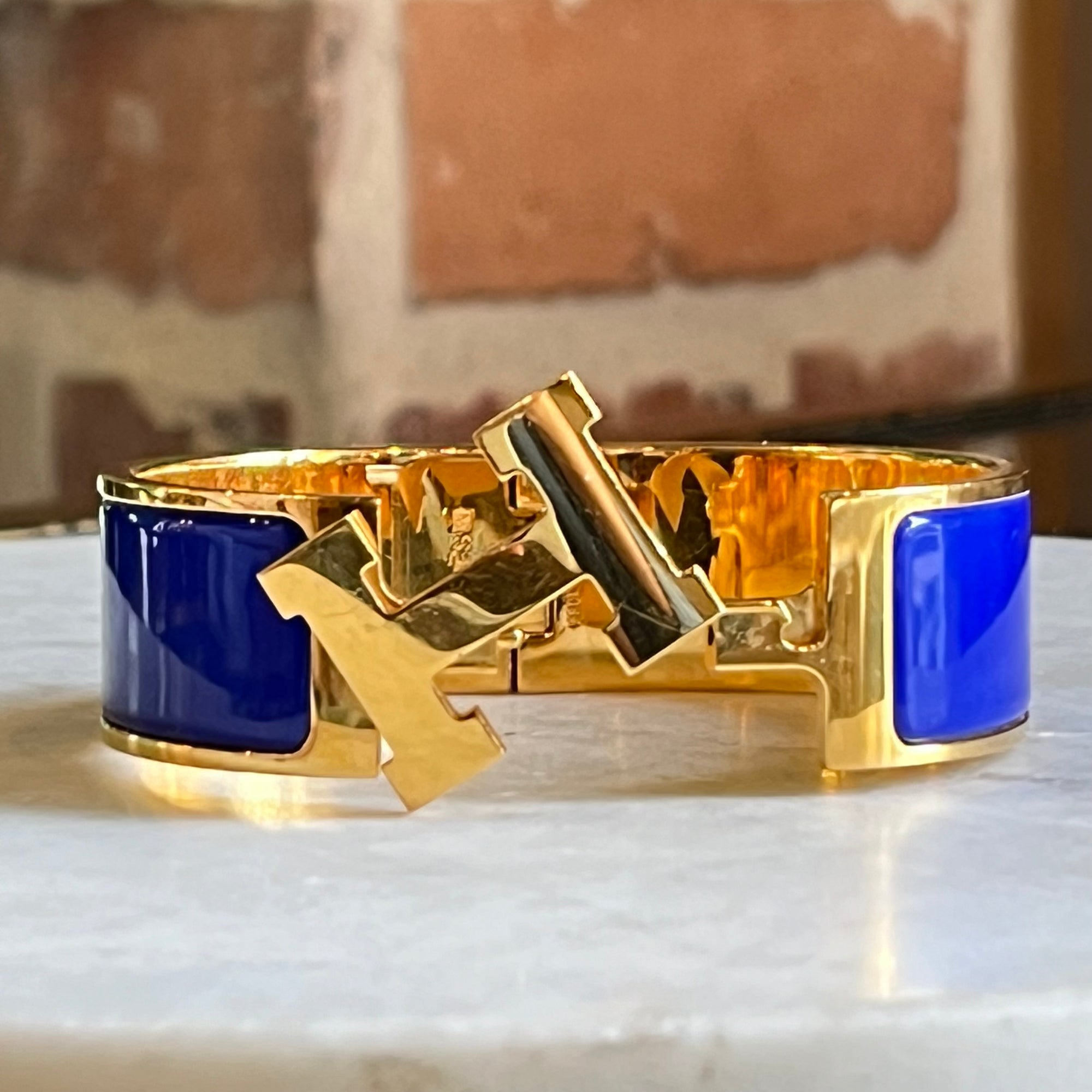 HERMES Blue Enamel Gold Metal Wide Clic Clac Bracelet