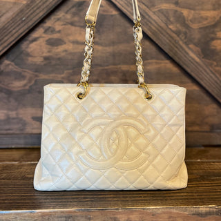 CHANEL GST Grand Shopper Beige Caviar Leather Quilted Tote