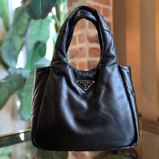 PRADA Black Padded Leather Triangle Logo Tote Bag
