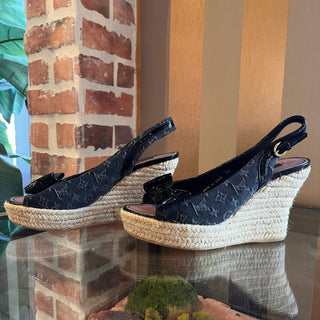 LOUIS VUITTON Monogram Black Denim/Patent Leather Bow Espadrilles SZ 38 (US 8)