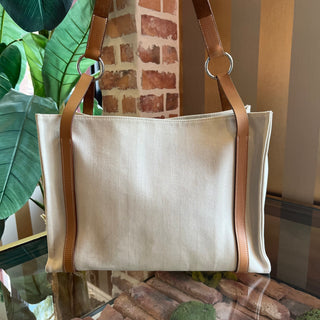 HERMES Toile Chevron Cabalicol Natural Hunter Calfskin Tote