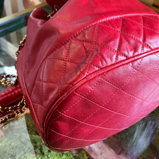 CHANEL Vintage Red Lambskin Leather Bucket Bag