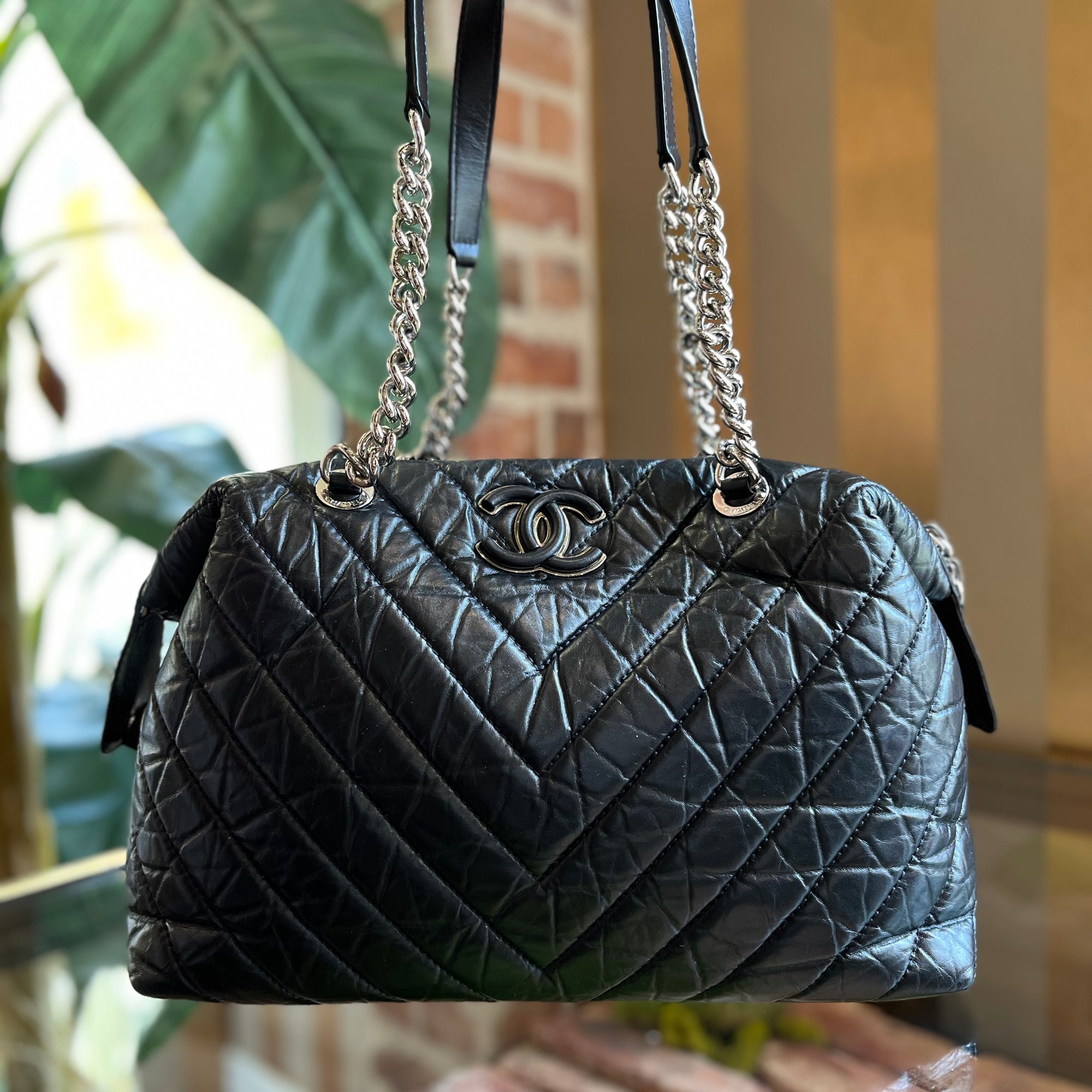 CHANEL Black Aged Calfskin Chevron Quilted Bowling Bag TS3429