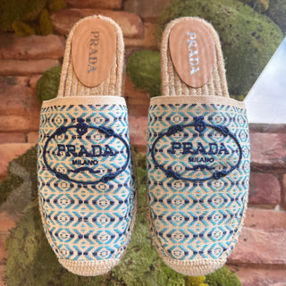 PRADA Blue Nastro Jacquard Embroidered Logo Slip On Espadrilles SZ 39 (US 9)