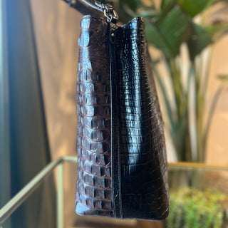 BRAHMIN Amelia Bucket Dark Brown Melbourne Croc Embossed Leather Bucket Bag