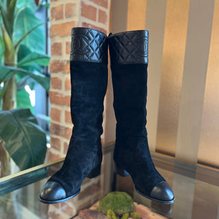 CHANEL Black Leather Suede CC Mid Calf Boots SZ 36.5 (US 6.5)