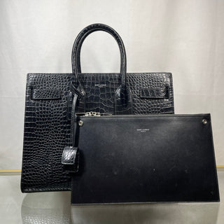 SAINT LAURENT Sac De Jour Small Black Calfskin Crocodile Embossed Tote Bag TS3784