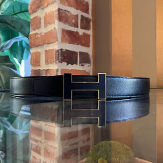 HERMES Reversible Black Leather H Buckle Belt