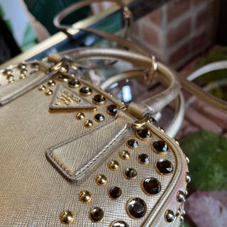 PRADA Pyramid Studded Gold Saffiano Lux Leather Satchel
