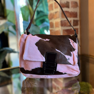 FENDI Mama Pink Brown Cow Print Pony Hair Shoulder Bag