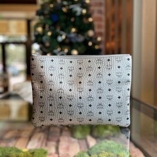 MCM Pouch Silver Visetos Canvas Zip Clutch