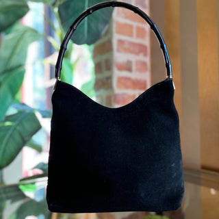 GUCCI Black Suede Bamboo Handle Shoulder Bag