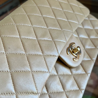 CHANEL Beige Lambskin Leather Quilted Double Flap Shoulder Bag