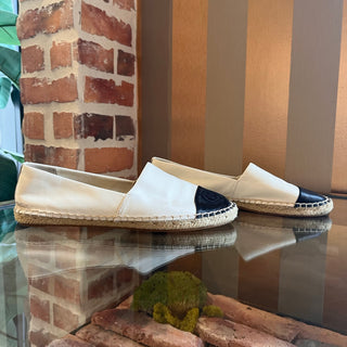 TORY BURCH White Leather Black Cap Toe Espadrilles SZ 8M