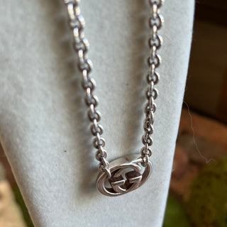 GUCCI 925 Sterling Silver Interlocking GG Pendant Necklace