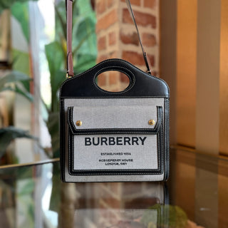 BURBERRY Mini Logo Black Pocket Canvas  Leather Tote Bag