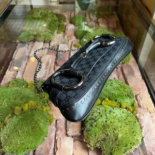 GUCCI Horsebit East-West Pochette Black GG Monogram Canvas Shoulder Bag