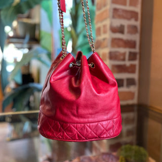 CHANEL Vintage Red Lambskin Leather Bucket Bag