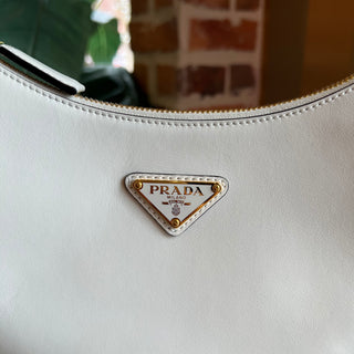 PRADA Arqué Small White Leather Half Moon Hobo Bag