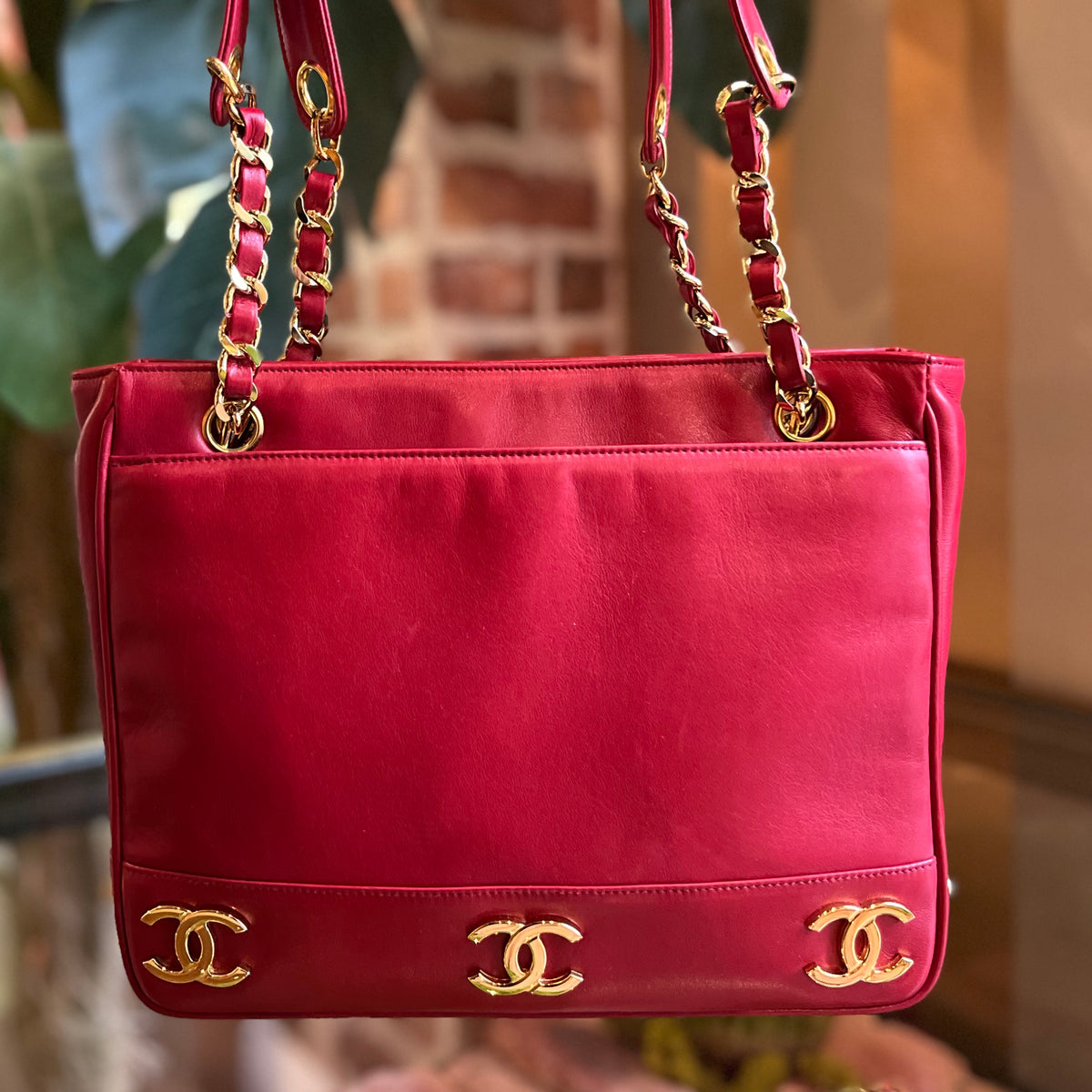 CHANEL Red Lambskin Leather Triple CC Tote Bag