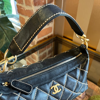 CHANEL Small Black Surpique Wild Stitch Lambskin Hobo
